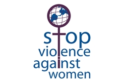 [ai] A graphic design featuring a symbol of a globe with a cross, combined with text stating 'stop violence against women' in blue letters.